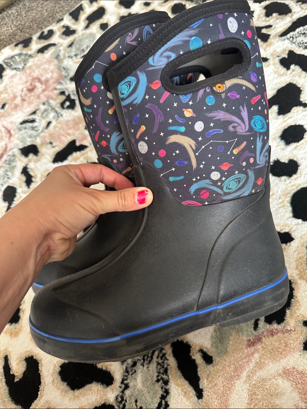 Bogs Black Kids Space-Print Waterproof Rain Boots with Blue Trim